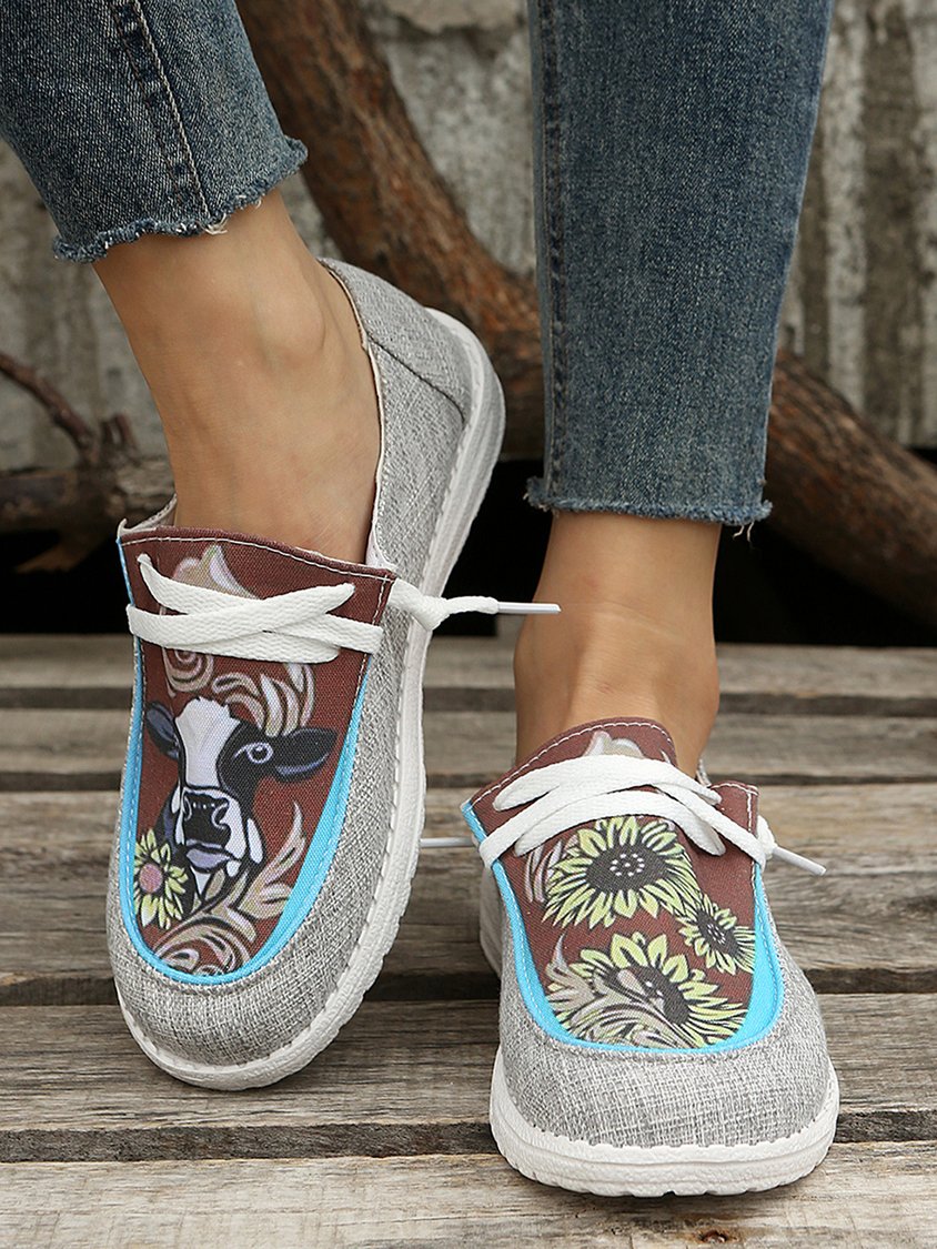 Chaussures bateau décontractées à blocs de couleurs et motif tournesol DD42