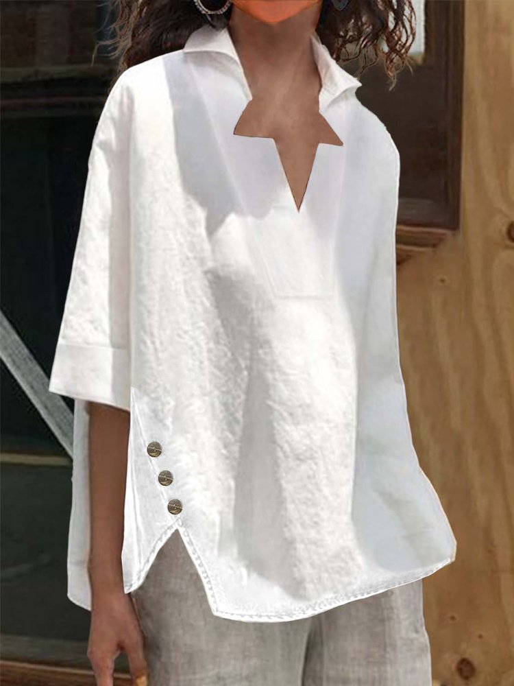 woman casual Cotton Buckle Linen Loose Blouse WG86