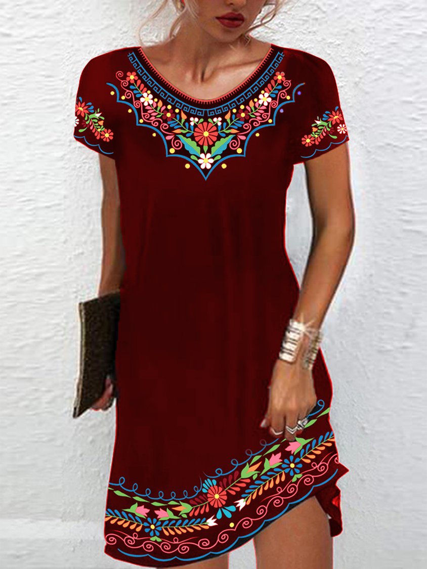 Women's Vacation Regular Fit V Neck Floral Short Sleeve Knit Dress AH557
