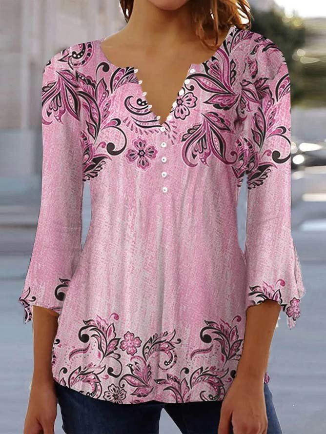 Casual Crew Neck Loose Floral Shirt WZ106