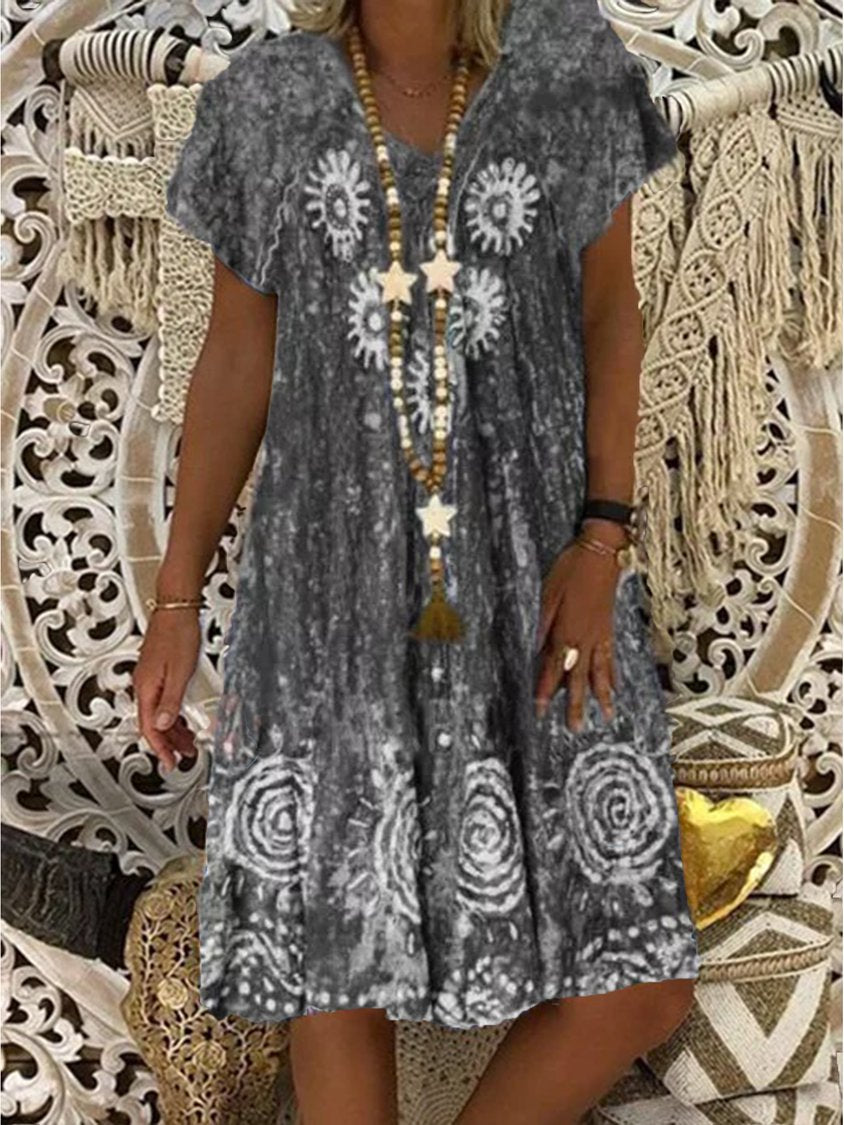 New Women Chic Plus Size Vintage Boho Hippie Holiday V Neck Cotton Short Sleeve Weaving Dress DK1051