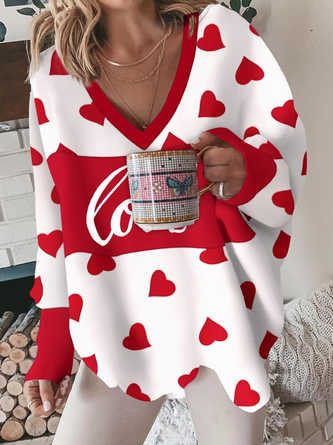 Sweat-shirt ample et décontracté à col en V avec motif cœur/corde QAS48