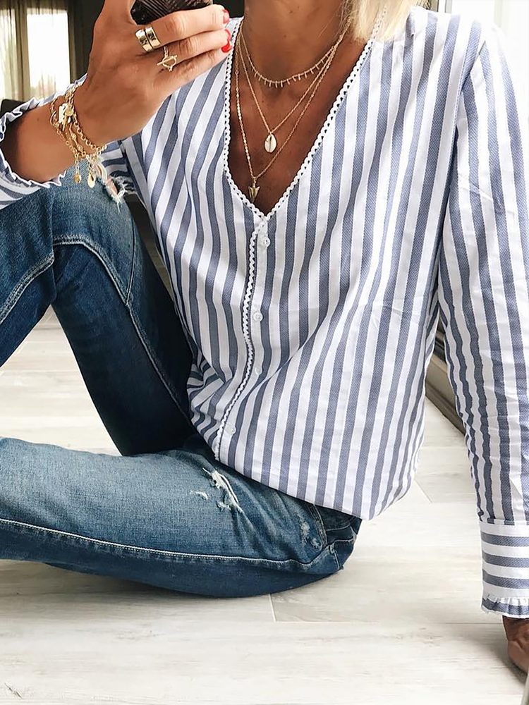 Striped V Neck Loose Casual Blouse QR116