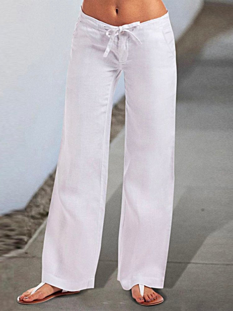 Weite Hose aus Leinen und Baumwolle mit Klappentasche und Kordelzug QN66