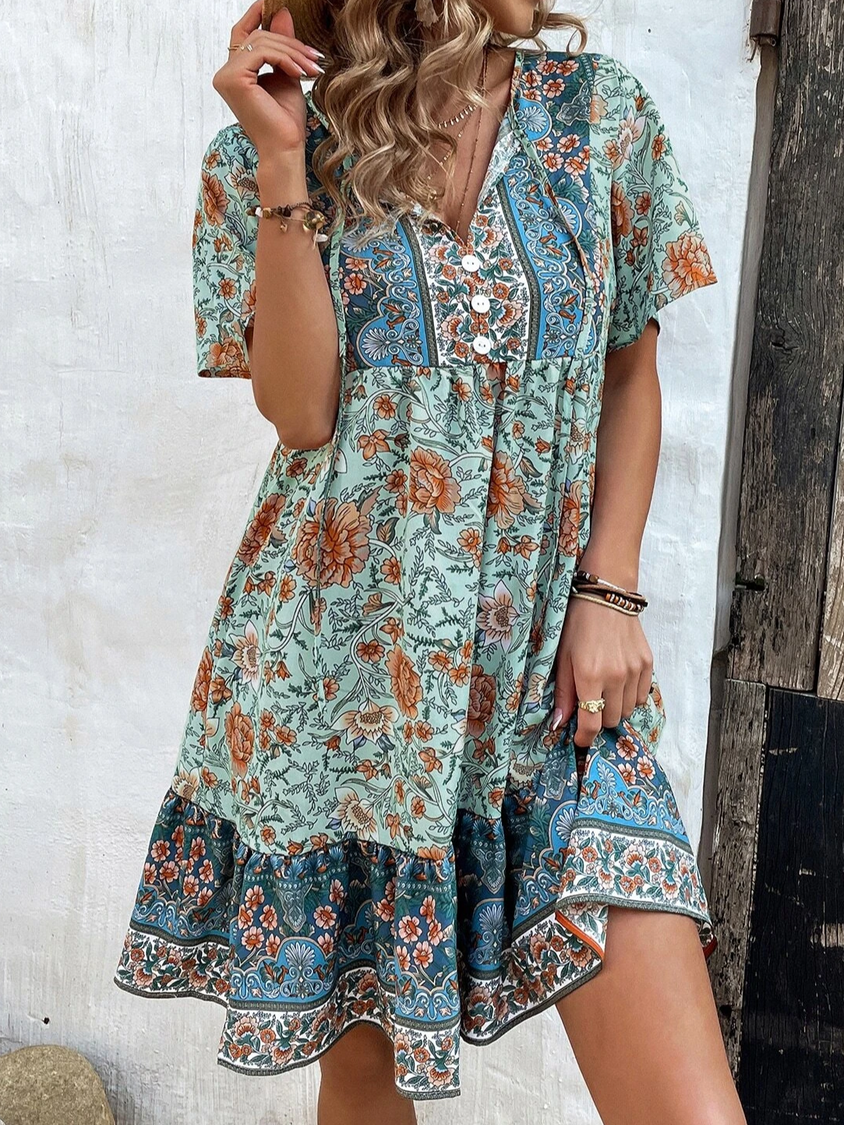 Women's Regular Fit Floral Boho V Neck Dress AT10031