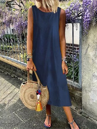 Loosen Cotton Crew Neck Sleeveless Woven Dress QAH50