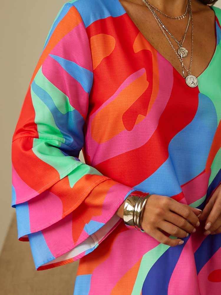 Casual Loose V Neck Color Block Dress WC101