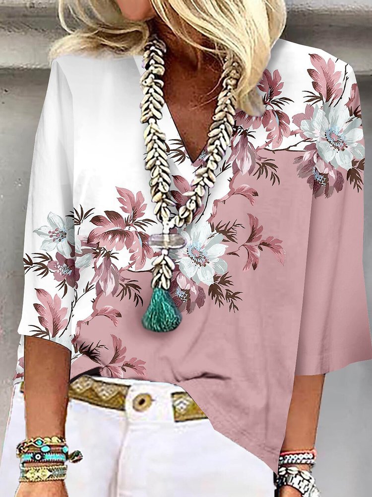 Loose Floral V Neck Casual Shirt WG113