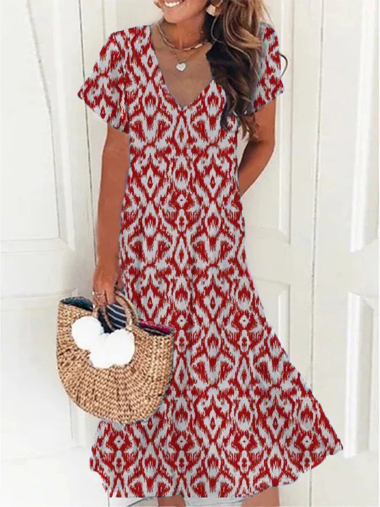 Casual V Neck Geometric Short Sleeve Loose Dress QA54