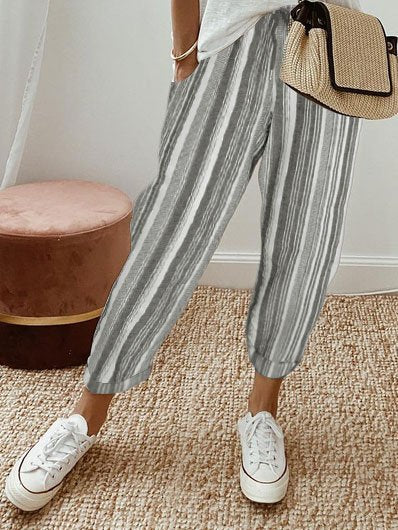 Country Casual Cotton And Linen Striped Loose Pants WX94