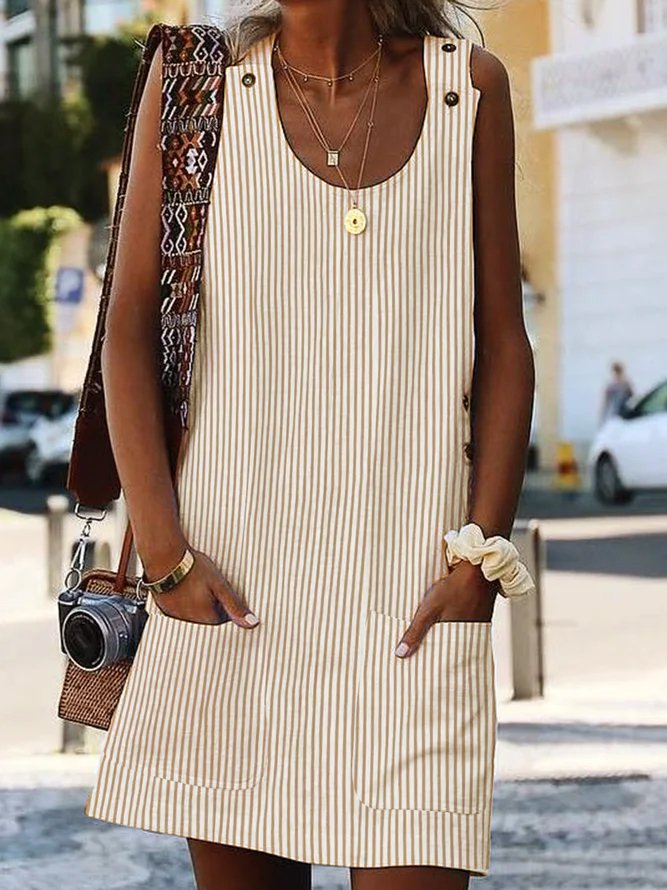Crew Neck Women Dress Shift Daily Boho Pockets Striped Dress EE12