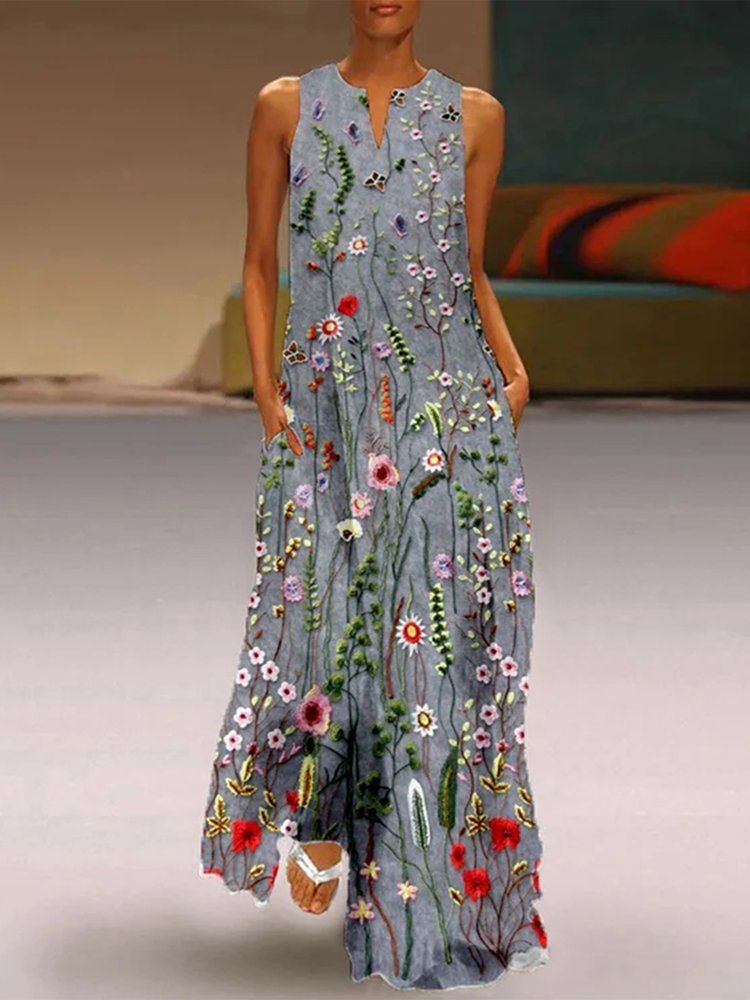 V Neck Loose Floral Casual Dress QV115
