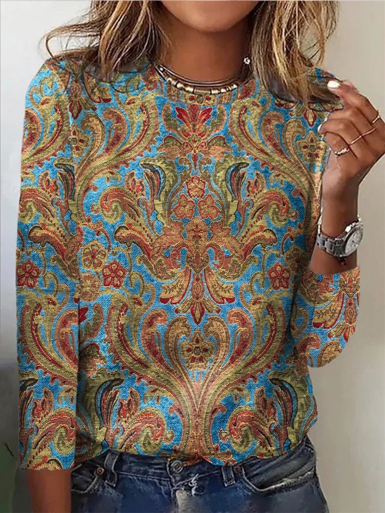 Ethnic Long Sleeve Crew Neck Casual T-Shirt WI102