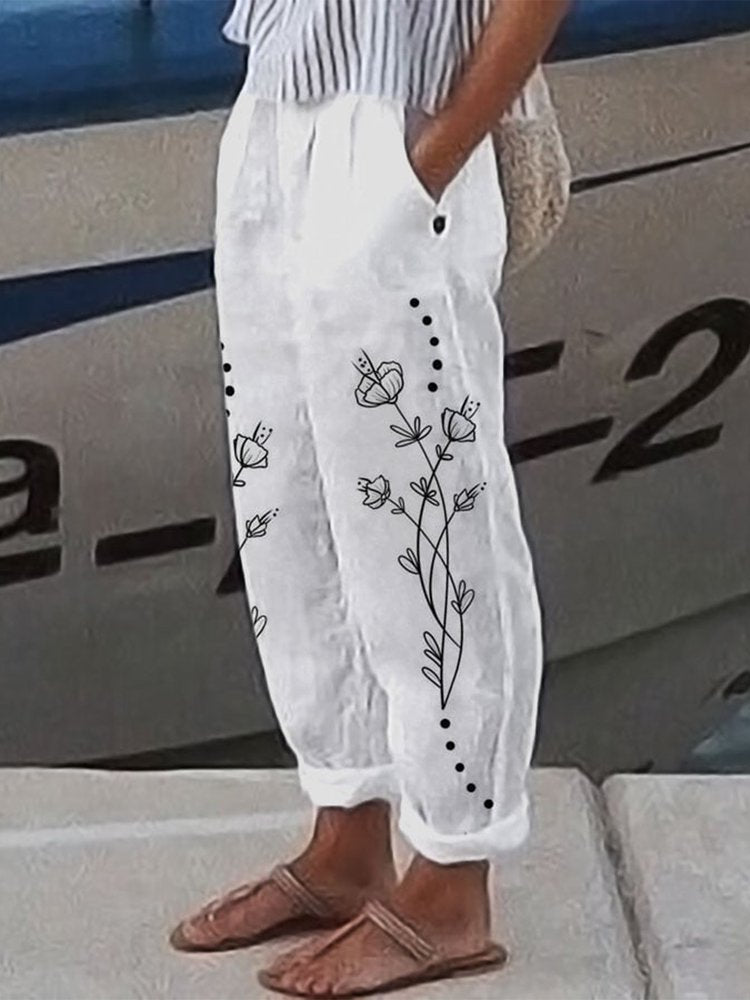 Lockere Baumwollhose mit Blumenmuster QN74