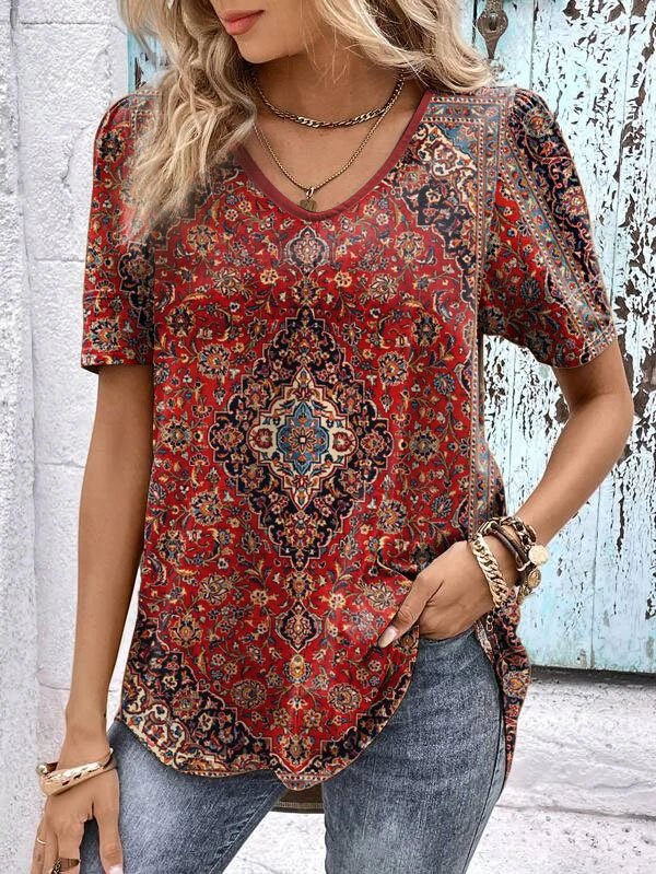 Casual Loose V Neck Ethnic T-Shirt WG93