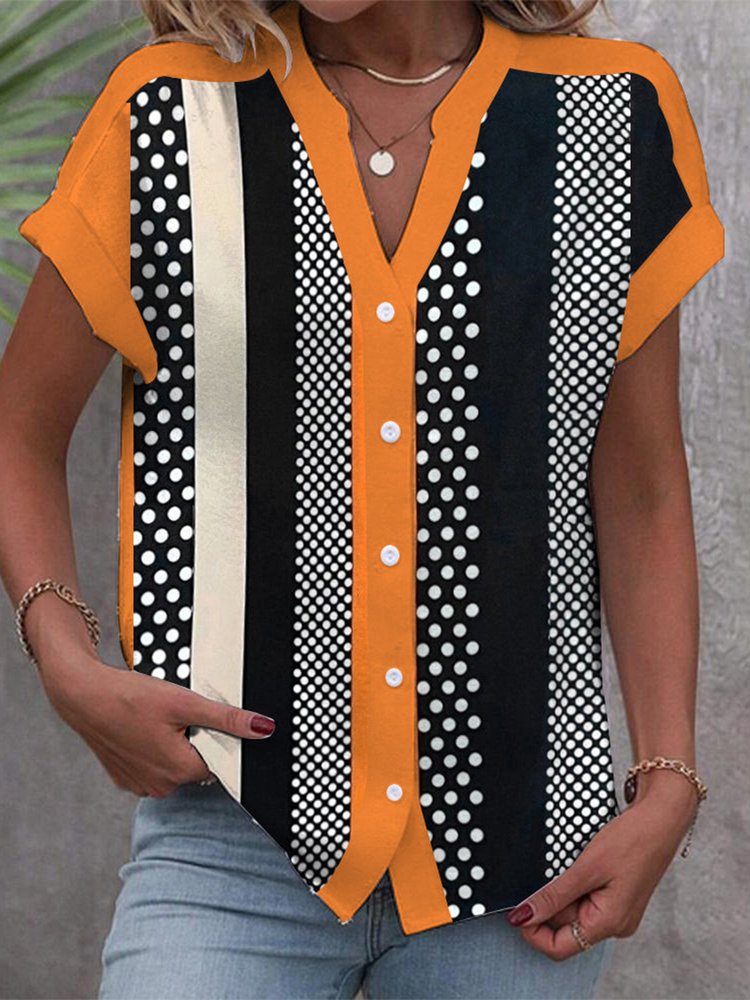 Casual Loose Buttoned Color Block Blouse WW101