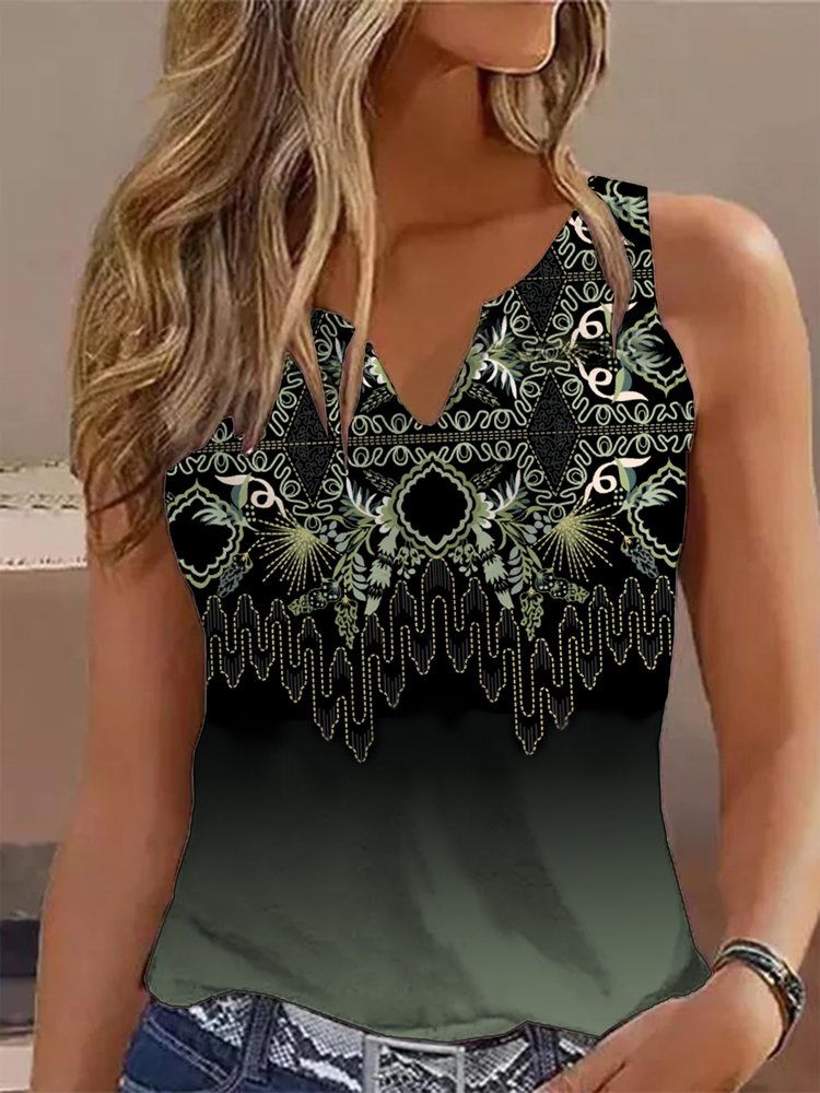 Casual V Neck Ethnic Regular Fit Tank Top WU95