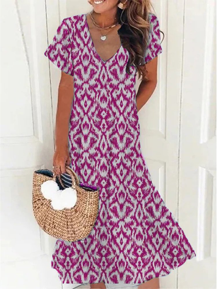 Casual V Neck Geometric Short Sleeve Loose Dress QA54