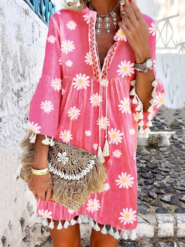 Women Boho Holiday Floral Tassel Sweet V Neck A-lined Midi Summer Weaving Dress QU119