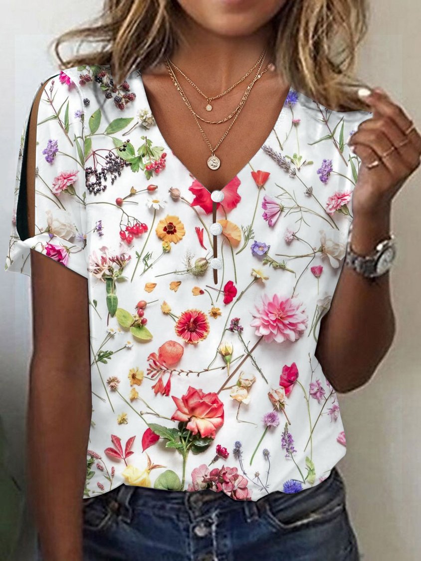 Lockeres, lässiges T-Shirt mit V-Ausschnitt und Blumenmuster CC52