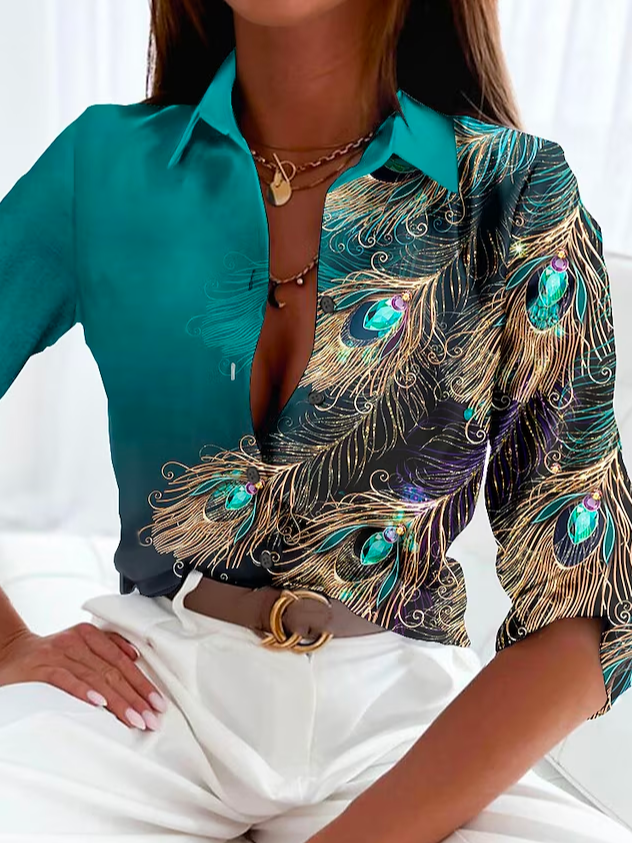 Casual Shirt Collar Feather Pattern Blouse WZ83