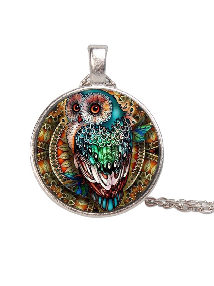 Collier peint en forme de hibou en pierre du temps AT100106
