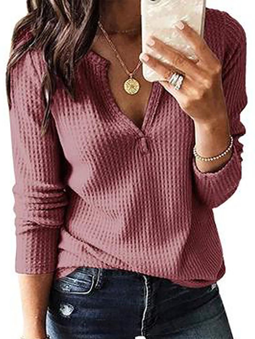 Women Plain Autumn Casual V neck Micro-Elasticity Vintage Solid Long Sleeve shirt & Top MMq11