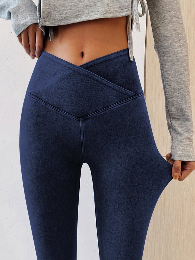 Crossover High Elasticity Tight Plain Blue Leggings AD899