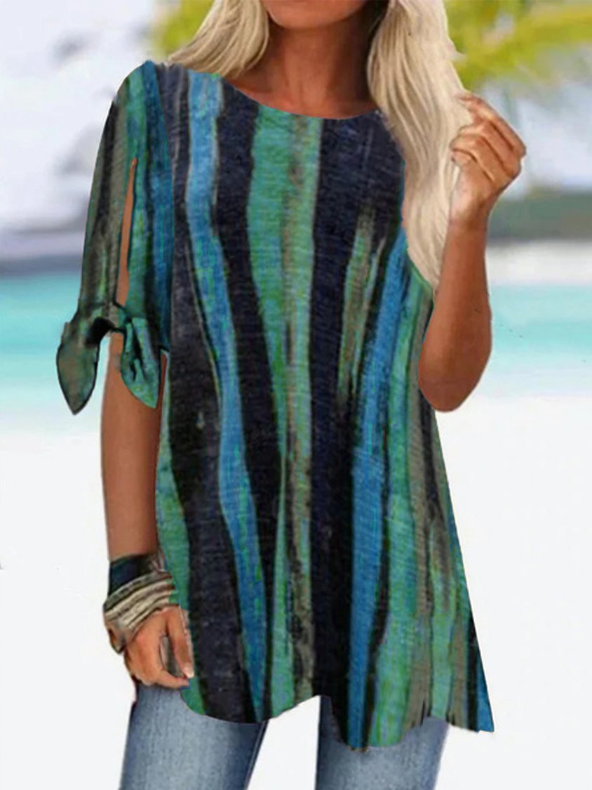 Lässiges, lockeres T-Shirt mit Rundhalsausschnitt und Farbblock für Damen ap13