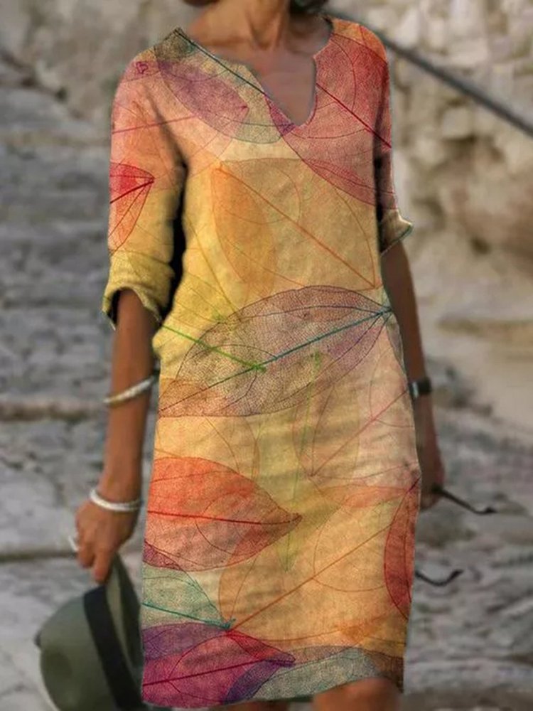 Yellow Casual V Neck Leaves Dress WO107
