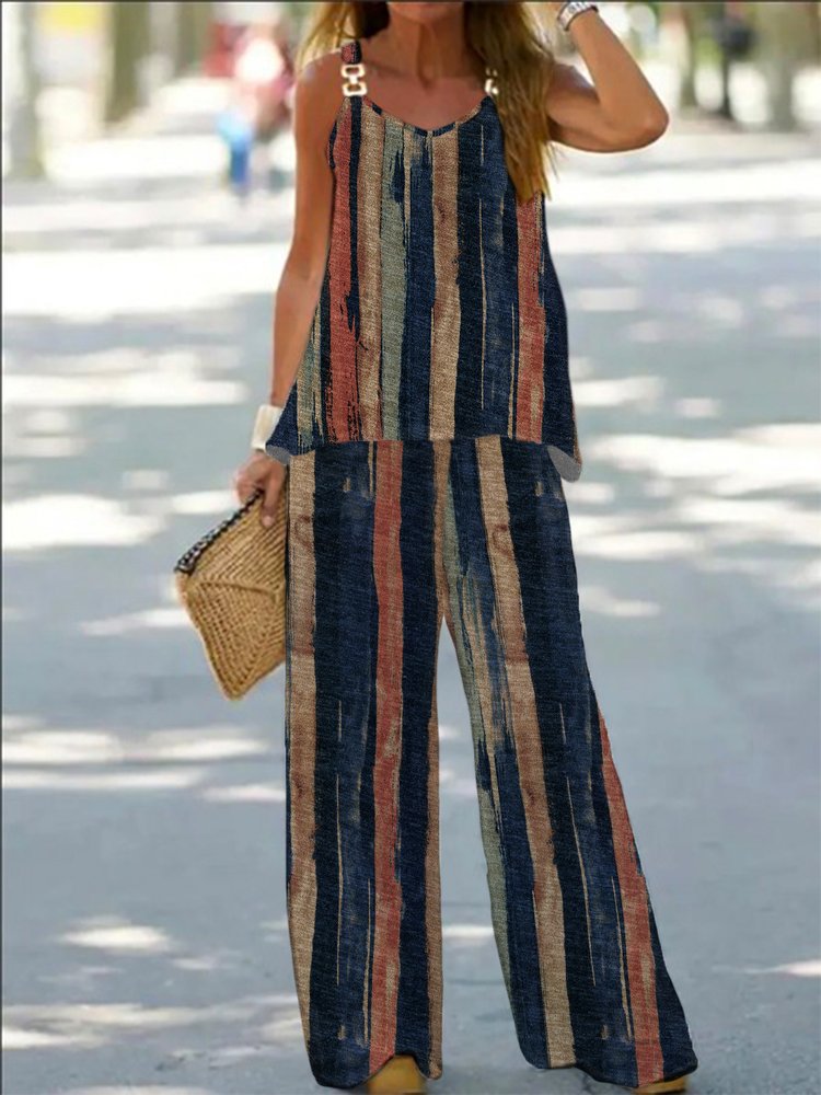 Ensemble deux pièces décontracté à rayures sans manches et à œillets QF107