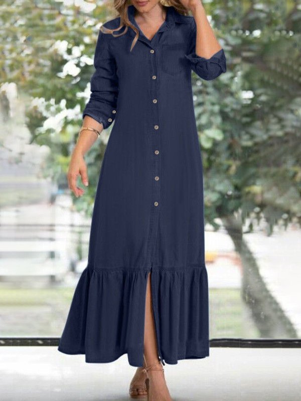 Fashion Casual Shirt Denim Dress Holiday Daily Women Clothing QZ58