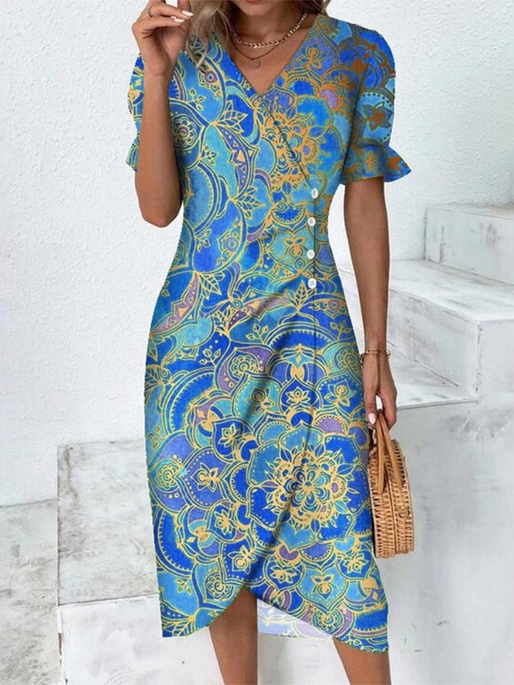 Ethnic Flounce Sleeve Wrap Hem Dress QU77