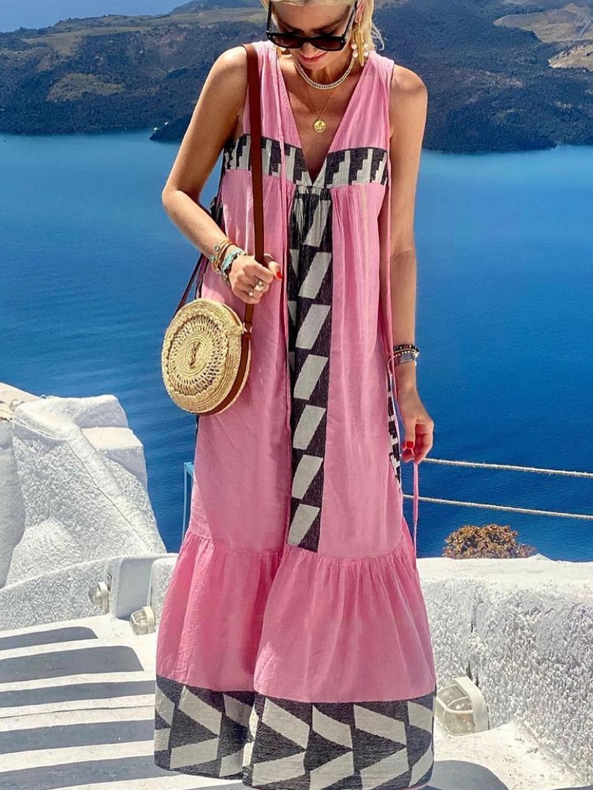 Robe de vacances ample à col en V géométrique RR25