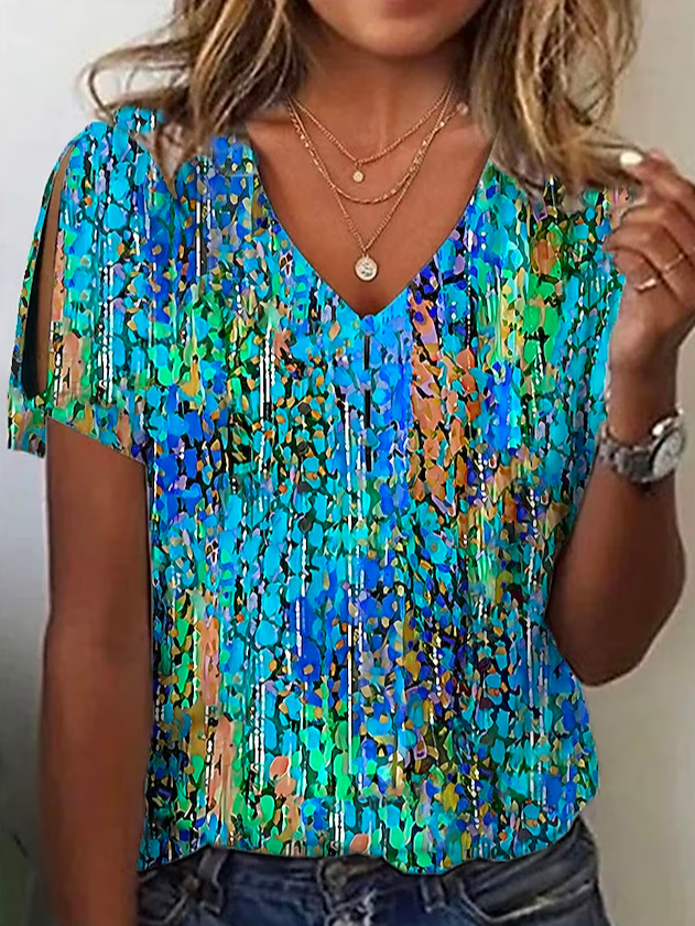 T-shirt décontracté à col en V en coton à motif géométrique QH69