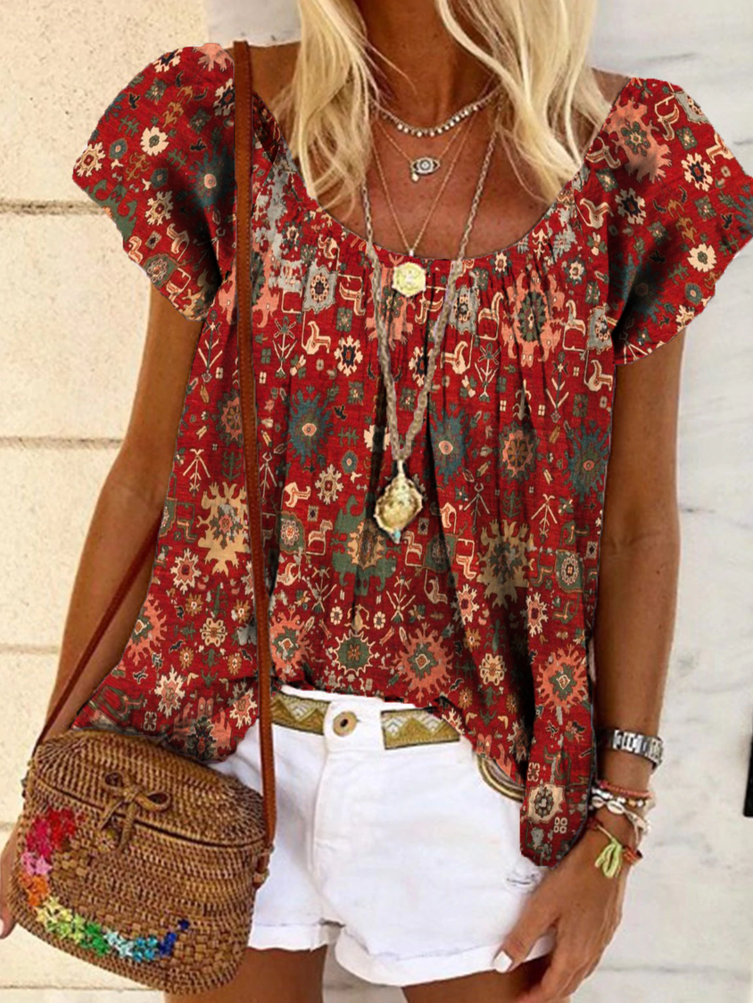 Women's Vintage Tribal Pattern Scoop Neckline Vintage Short Sleeve Top AT100162
