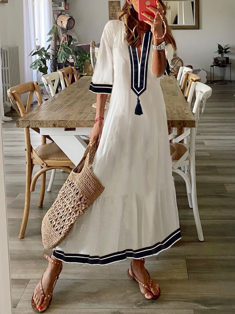 V Neck Casual Loose Striped Dress QX1