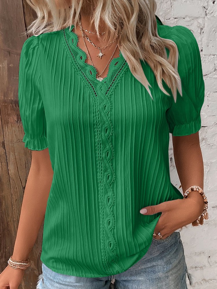 V Neck Plain Lace Elegant Shirt mm241