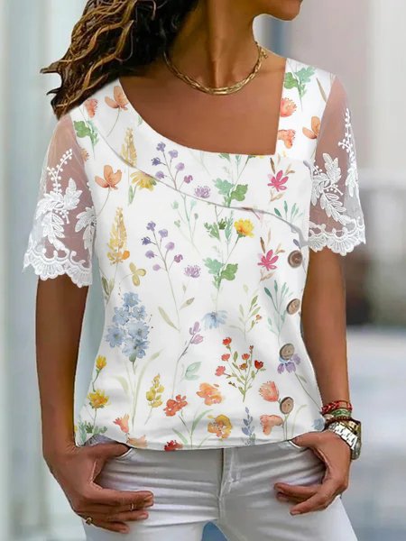 Lace Sleeve Casual Asymmetrical Floral Shirt WS116