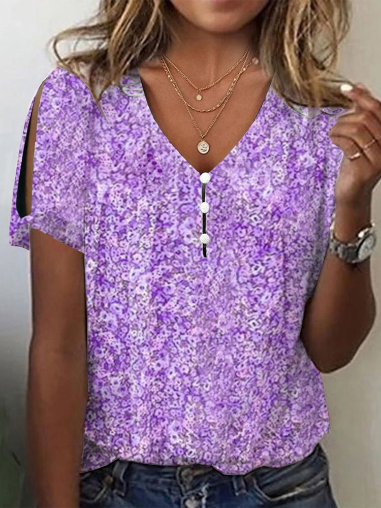 V Neck Floral Buttoned Elegant T-Shirt AH269