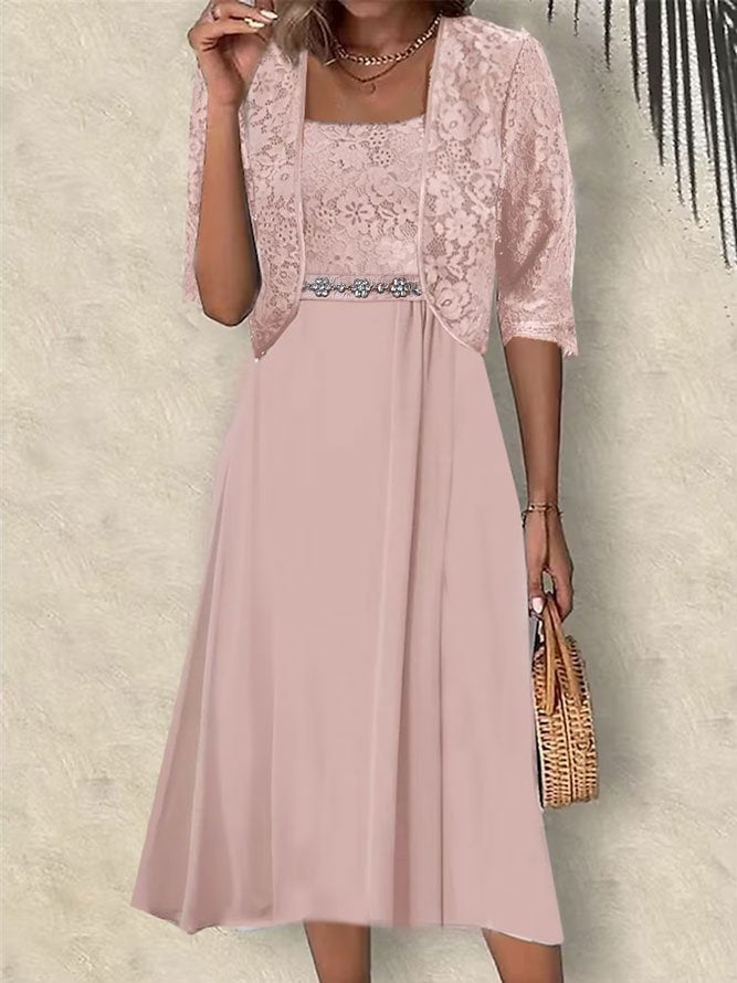 Plain Crew Neck Elegant Lace Two-Piece Set WL101