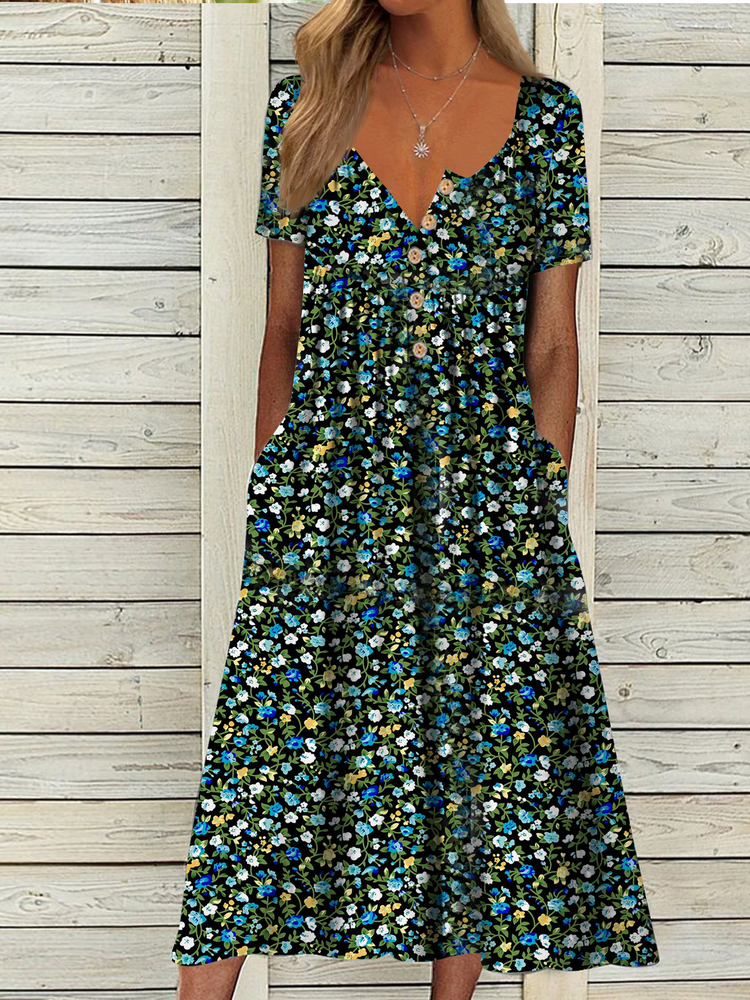 Ditsy Floral Half Open Collar Loose Casual Dress QU102