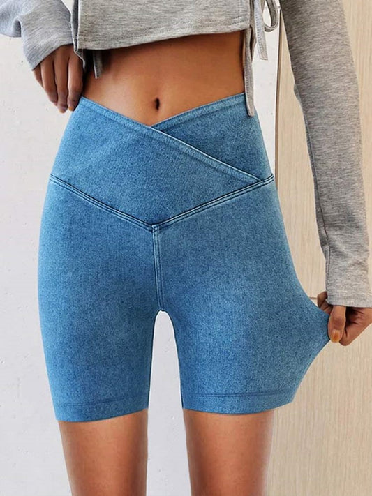 Leggings croisés décontractés en denim uni serré QN90