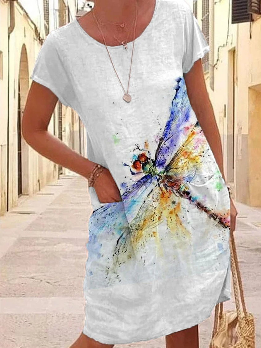 Robe décontractée à col ras du cou et motif libellule ample RR42
