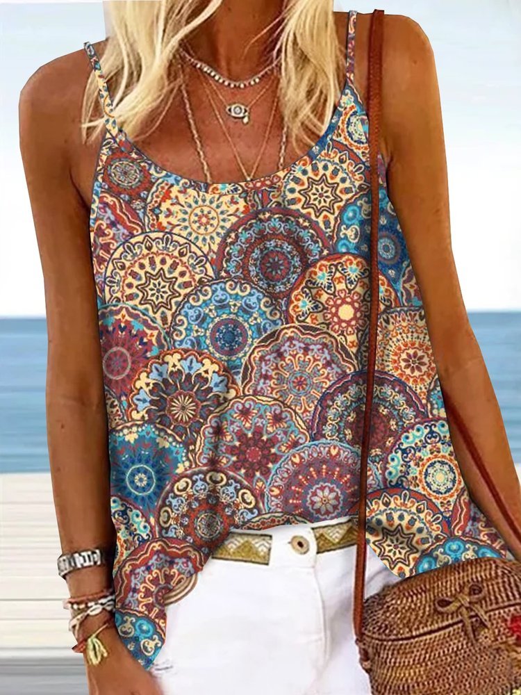 Geometric Tribal Floral Printed Vacation Boho Casual Loosen Spaghetti Tank & Cami WZ116