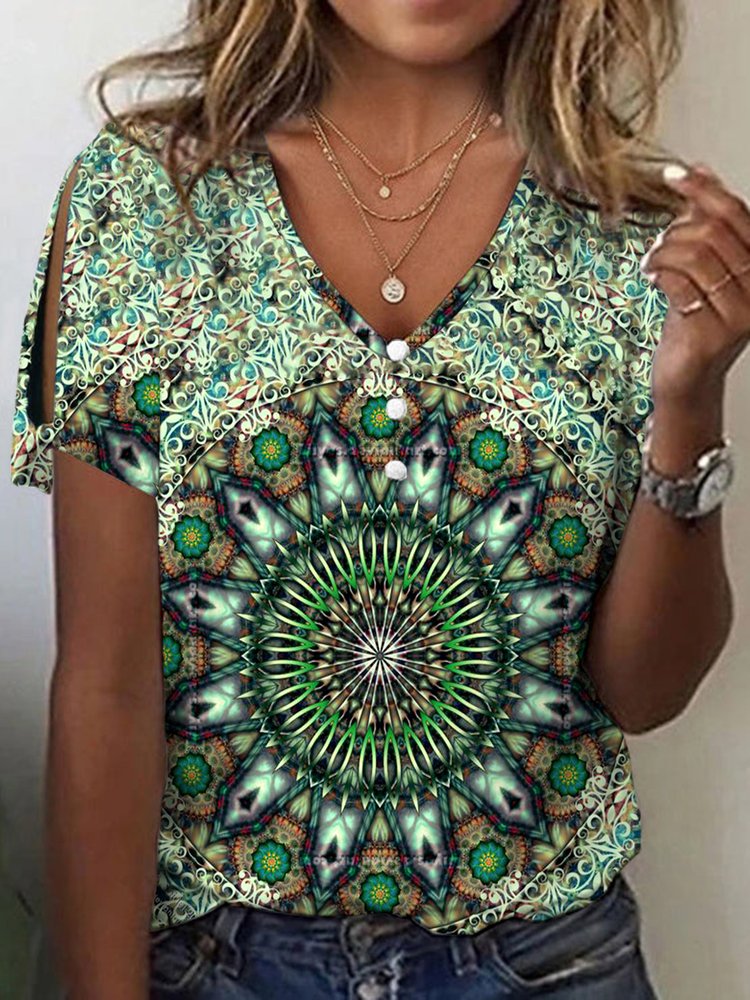 Casual V Neck Loose Ethnic T-Shirt WG90