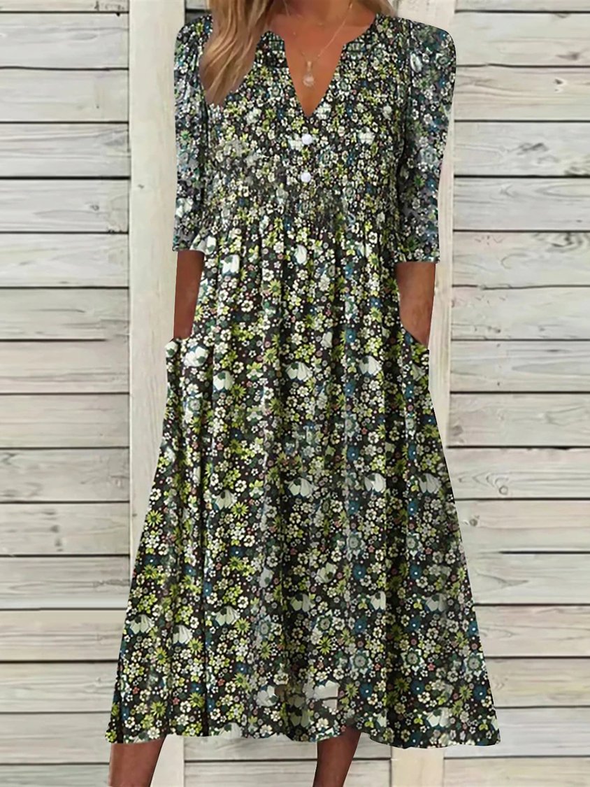 Casual Short Sleeve St Patricks Day Woven V Neck Floral Midi Dress NNq20