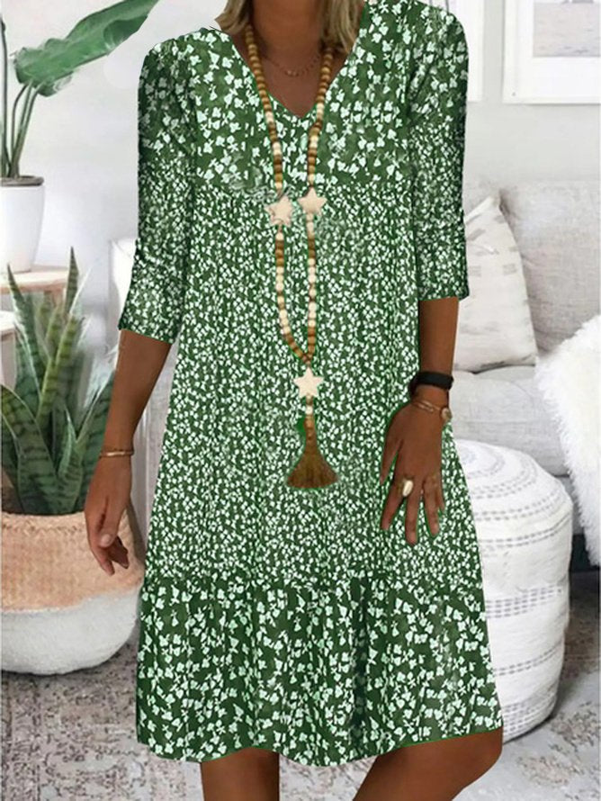 Brown Three Quarter V Neck Floral Shining Midi Smock Dress QU100