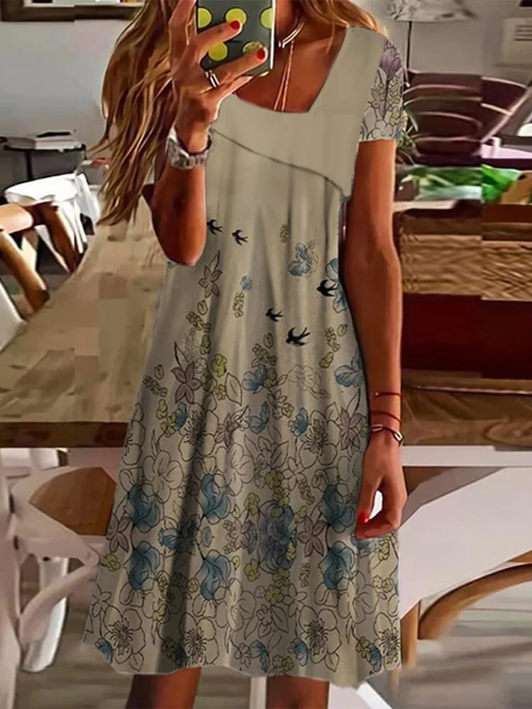 Loose Floral Vintage Asymmetrical Dress QU115