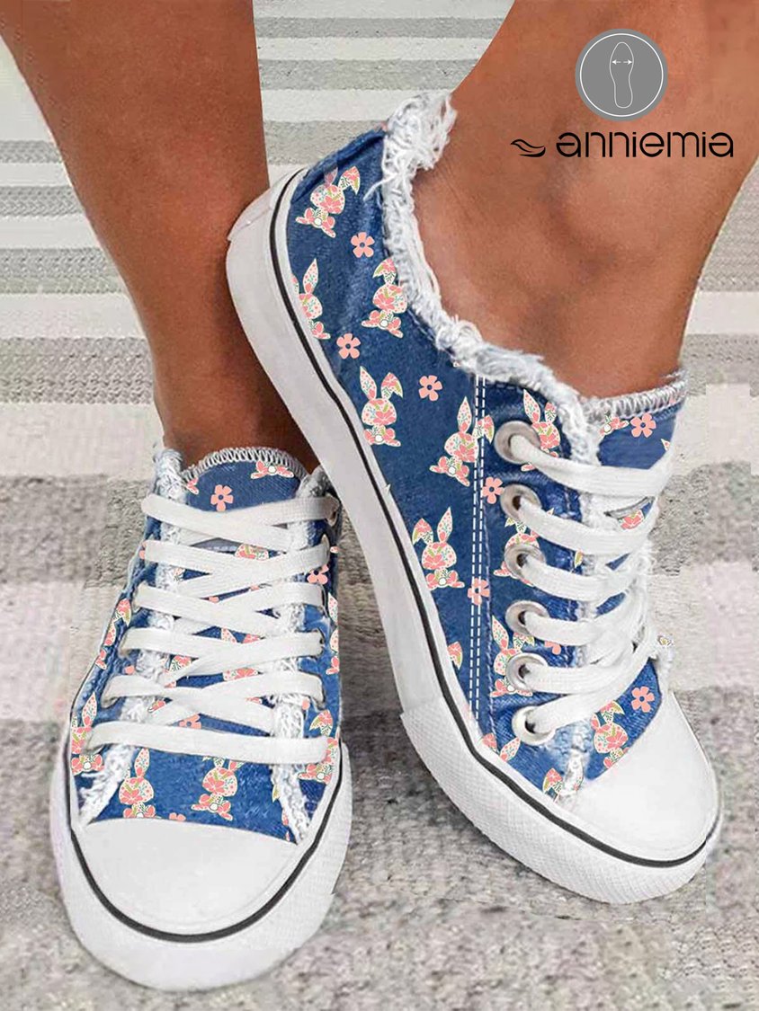 Lässige Canvas-Schnürschuhe mit Osterhasen-Blumendruck DD35